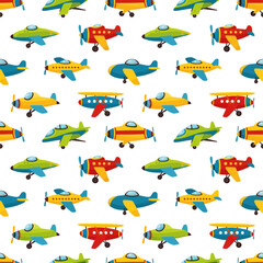 Cheerful pattern featuring various colorful cartoon airplanes. Vector Random Patterns