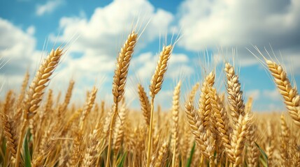 Fototapeta premium Golden wheat field under a partly cloudy sky
