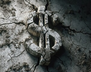 A fractured dollar sign emerges from parched, crumbling earth, powerfully symbolizing financial instability and global economic crisis.