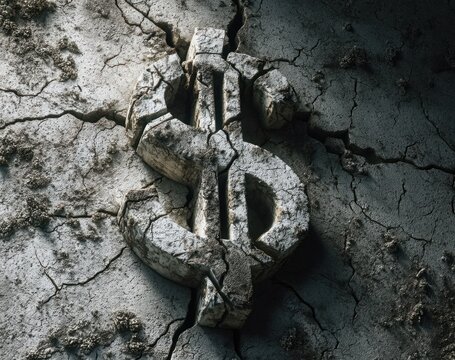 A fractured dollar sign emerges from parched, crumbling earth, powerfully symbolizing financial instability and global economic crisis.