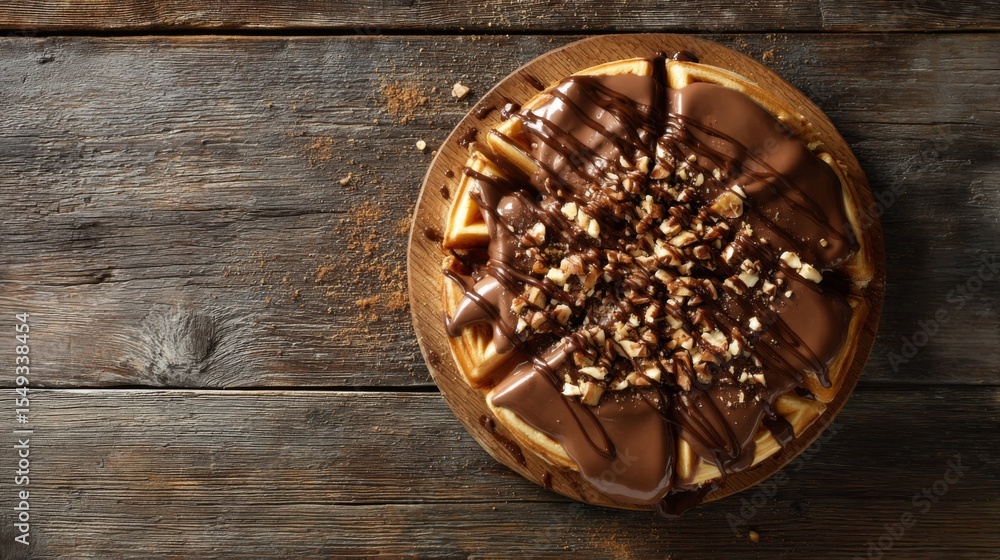 Poster a waffle covered in melted chocolate and crushed nuts, presented on a rustic wooden table with contr