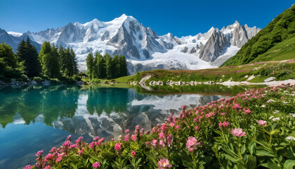 Summer alpine lake with clear water and snowy mountain peak under bright sky