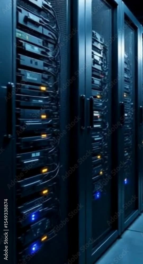 Poster data center server room with rows of servers and blinking lights on equipment