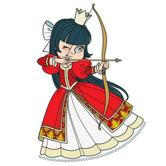 Beautiful brunette princess archer aims an arrow from a drawn bow on white background
