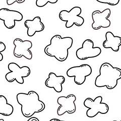 Seamless pattern cloud-like shapes in a black cartoon outline style on a white background. The simple, hand-drawn doodles are ideal for digital stickers, kids’ graphics, or whimsical pattern designs.