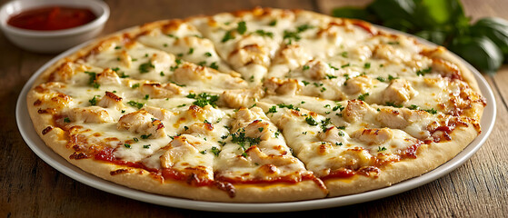 Freshly Baked Chicken Alfredo Pizza with Melted Cheese and Herbs