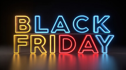Obraz premium Neon-Style Black Friday Red Blue Yellow Text with Reflective Lighting on Black Background.