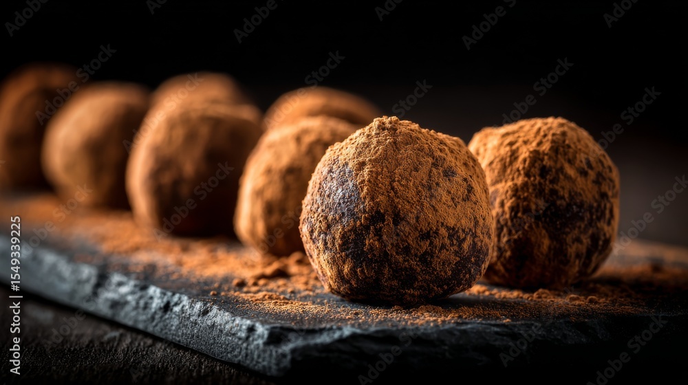 Poster chocolate truffles dusted with cocoa powder, arranged elegantly on a dark slate, rich texture and de