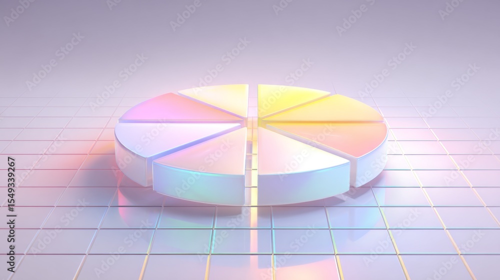 Poster Circular D pie chart with transparent, gradient-filled sections, gently floating above a reflective grid plane for a futuristic touch