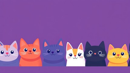 Obraz premium Cute cartoon cats in a row against a purple background (1)