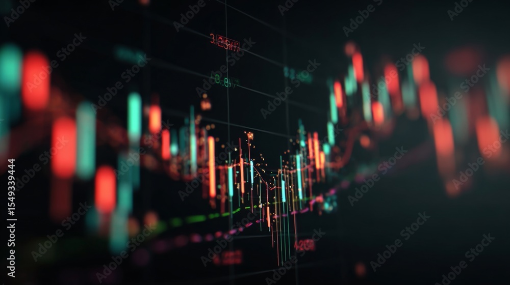 Poster Close-up of a data graph with candlestick charting patterns, using vibrant reds and greens to show fluctuations against a dark background