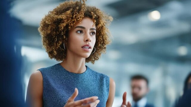 Confident Businesswoman Presenting: A young businesswoman with curly hair, wearing a sleeveless blue top, confidently presents her ideas during a business meeting.