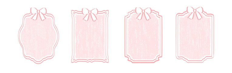 A set of vintage pink scribble frames with bows and ribbons, a hand-drawn pencil doodle design. Romantic wedding celebration decor, coquettish banner. Vintage, scribble elegant lace ribbon frames.