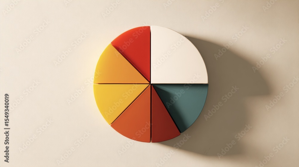 Leinwandbilder Colorful pie chart on a plain white background, segmented in bold colors with a shadow effect for a clean and visually appealing presentation