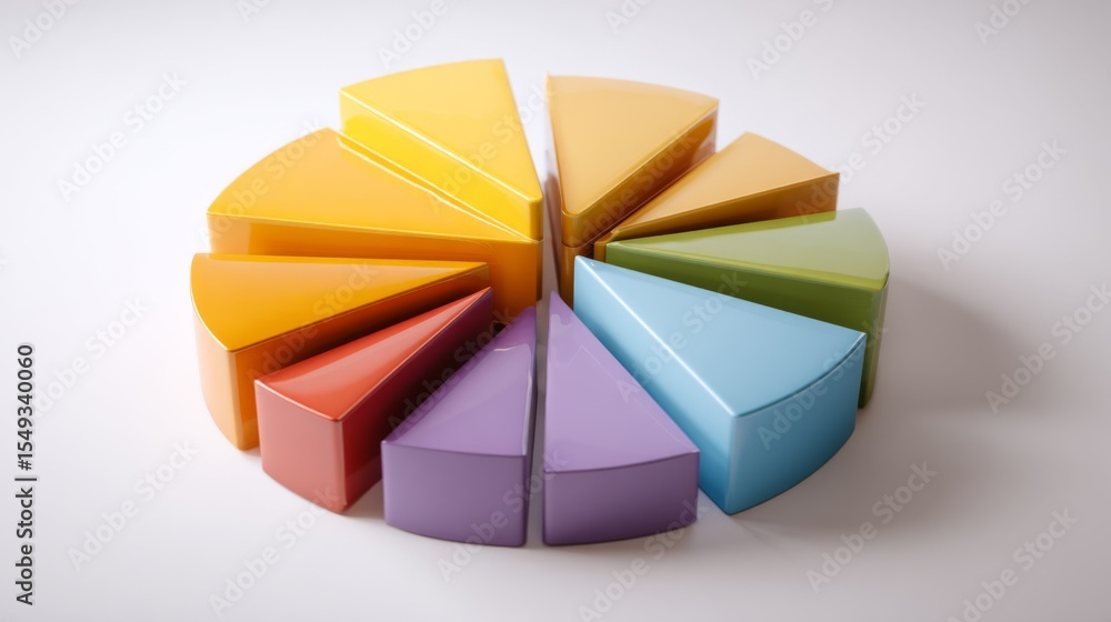 Poster Colorful pie chart segmented into sections on a plain white background, sleek and modern, ideal for data visualization.