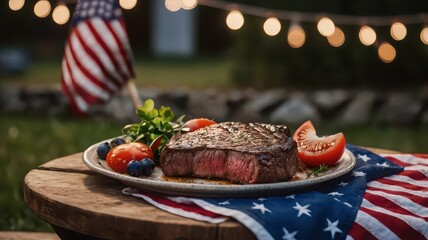 Steak on a plate with tomatoes and blueberries next to an american flag on a wooden table outside