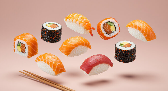 A vibrant and creative composition featuring various pieces of sushi