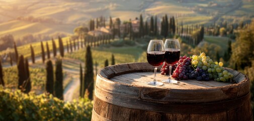 The serene vineyard setting with wine and grapes at sunset.