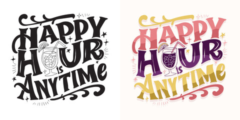 Happy hour - hand drawm doodle lettering art.