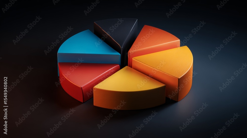 Poster Dynamic D pie chart with bright, colorful slices, each part raised slightly, with soft lighting to highlight its shape on a dark background