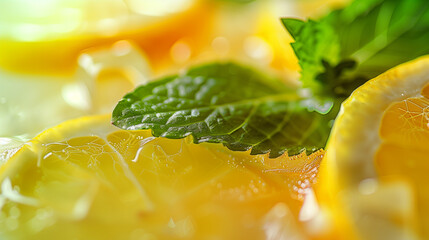 Macro Fresh Citrus and Mint: Close-Up of Textured Lemon Slices, Glossy Ice Cubes, and Fragrant Mint Leaves in Soft Natural Light, Creating a Refreshing Summer Atmosphere