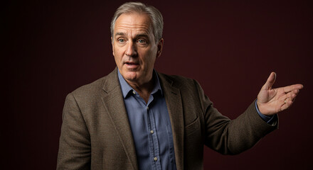 Fototapeta premium Confident mature businessman presenting with a hand gesture isolated