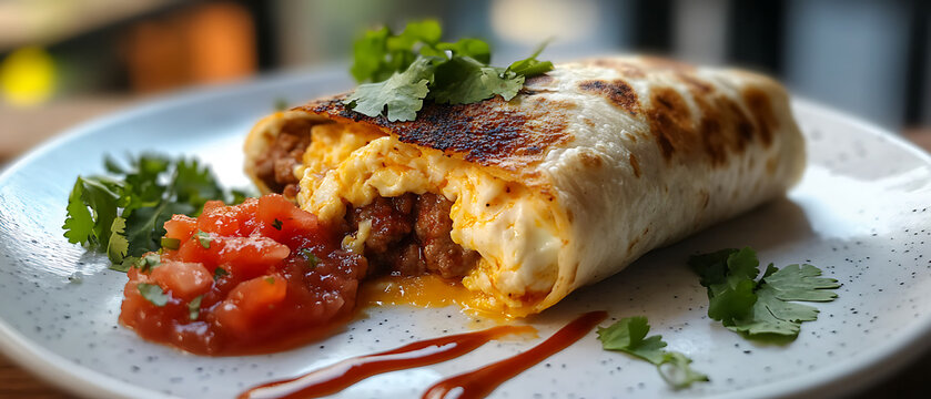 Grilled Burrito with Scrambled Eggs, Salsa, and Fresh Cilantro on a Speckled Plate