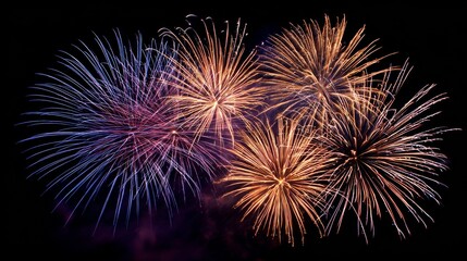Fireworks exploding in a synchronized pattern during a major celebration, with bright streaks of color lighting up the sky in the evening
