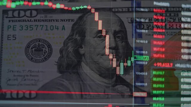 Red Bitcoin Candlestick Chart with US Dollar bills in the Background, crypto market crash. Financial risk, Panic sale, Sell-off, Stock Market collapse, Exchange volatility. Bitcoin Price Evolution.