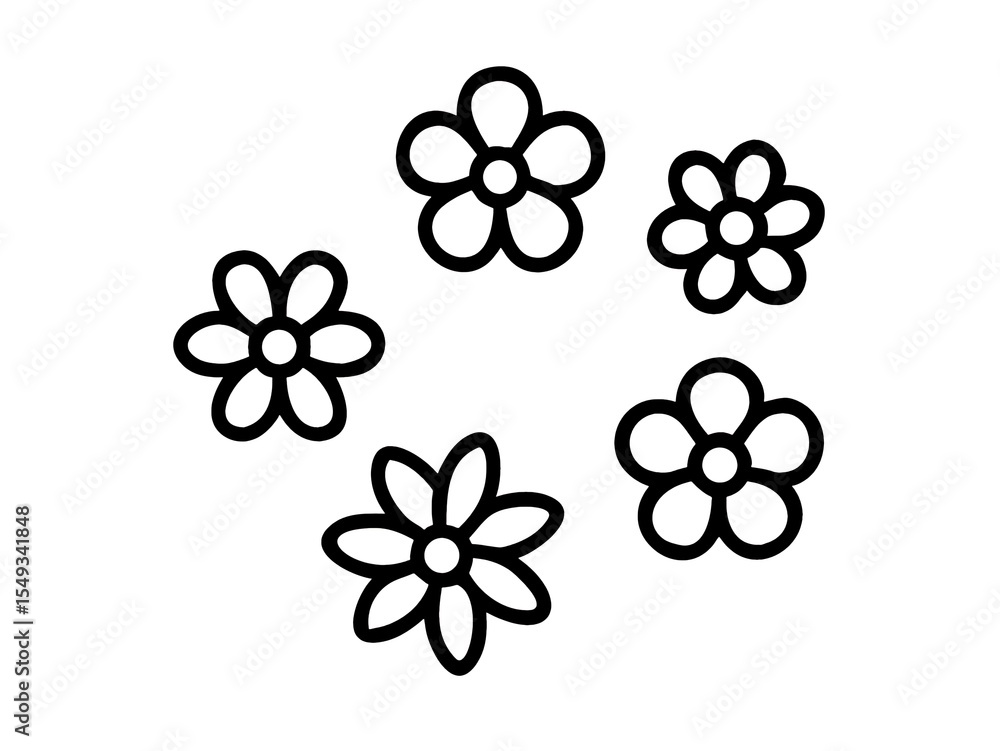 Poster five daisies are arranged in a circle in a simple line art style isolated on white background