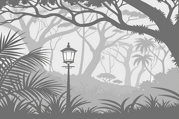 Fototapeta premium Lamppost in a monochrome tropical forest