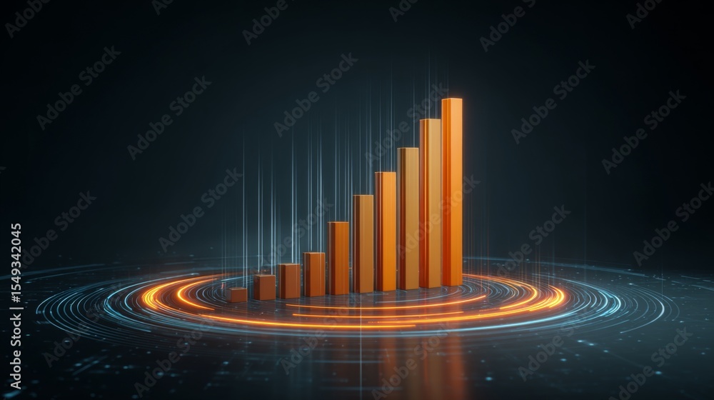 Aufkleber Futuristic D bar graph with glowing edges and a rotating effect, showcasing data in an engaging way on a dark background, perfect for tech-related concepts.