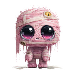 A pink mummy character with sparkly eyes, kawaii doll