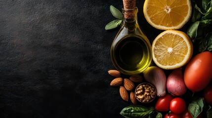 A vibrant and colorful display of fresh ingredients including vegetables, nuts, and olive oil, perfect for a culinary paradise inviting creativity in cooking.