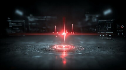 Naklejka premium innovation rescue futuristic emergency hi-tech Futuristic digital heartbeat display with striking red color on dark background, symbolizing health and technology integration.