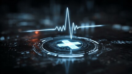 innovation rescue futuristic emergency hi-tech Futuristic medical technology featuring a heartbeat line and a cross symbol, representing healthcare innovation and digital health systems.