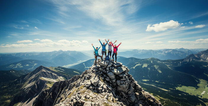 Climbers celebrate reaching the mountain peak. - Powered by Adobe