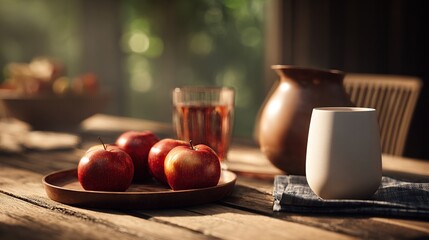 Sunlit rustic table displays red apples on a wooden plate, a glass of juice, a ceramic pitcher, and a white mug, with a blurred background of greenery
