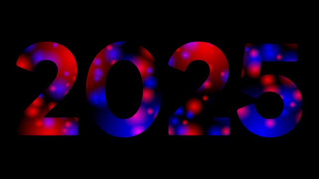 2025 animation text video with dot blue red animation on plain black background