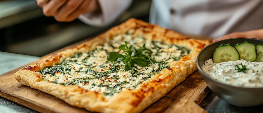 Freshly Baked Spinach and Cheese Tart with Herbed Dip