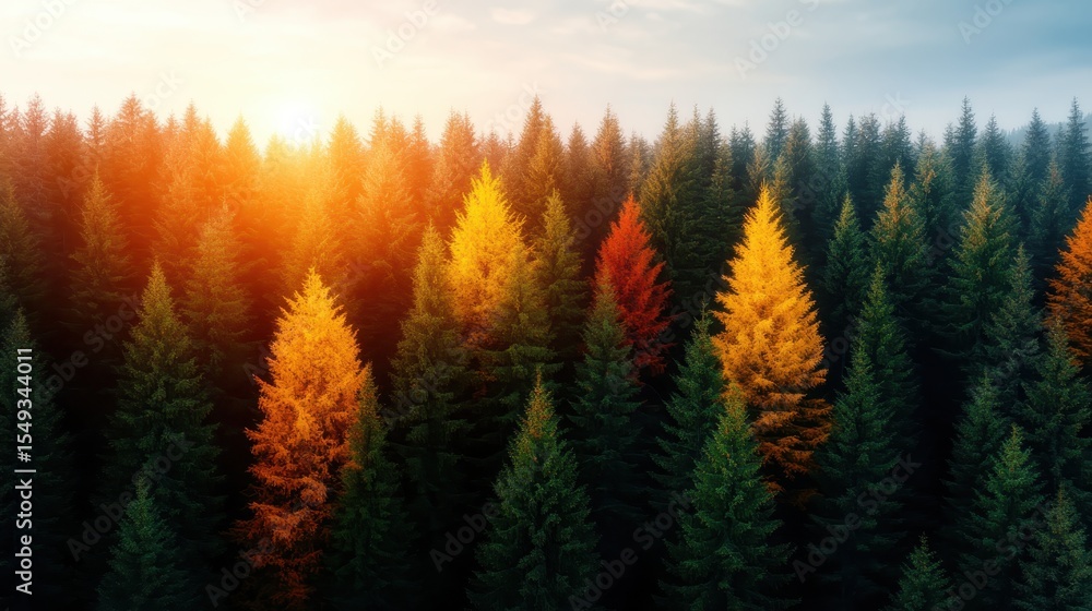 Poster an expansive forest showcases a beautiful display of warm autumn colors, highlighting a mix of everg
