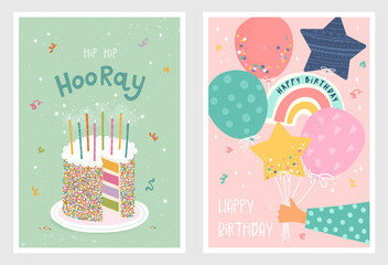 Set of birthday postcards with  confetti, balloons, cake and hand writing. Invitations, happy birthday. Vector templates great for card, poster, flyer or banner