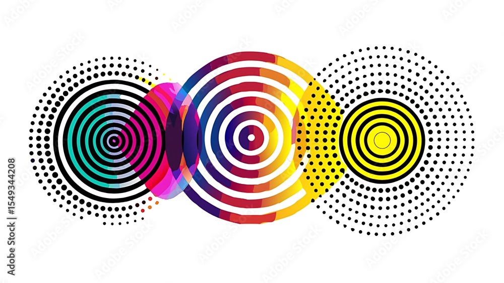 Poster Three colorful concentric circles with gradient waves and dots isolated on white background