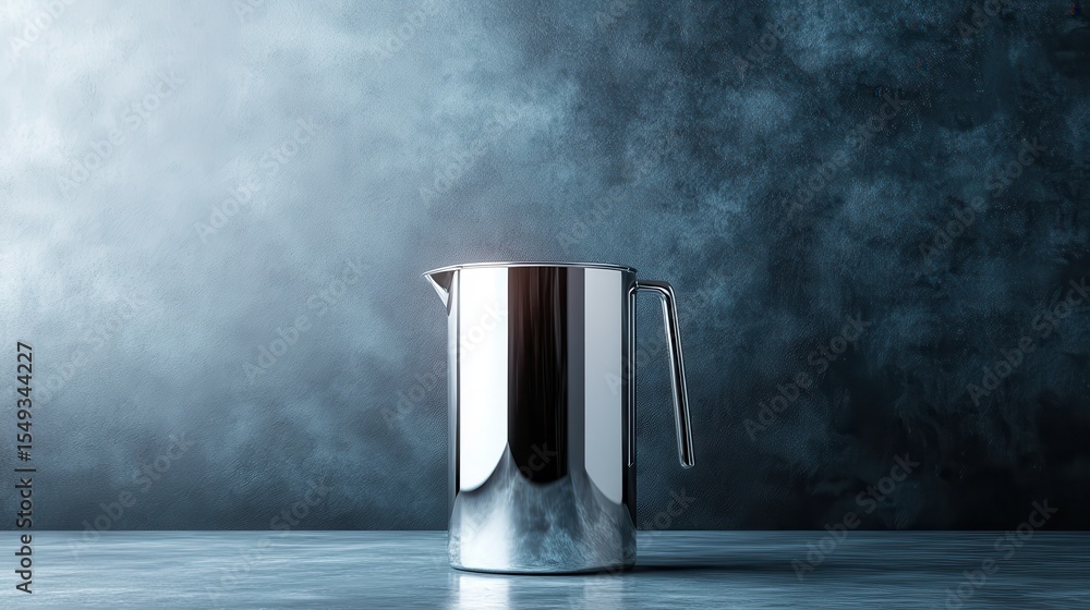 Poster a sleek and reflective metal pitcher stands elegantly against a textured dark backdrop, creating a s