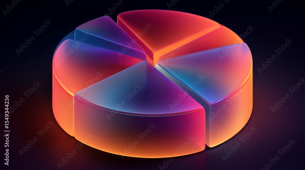 Aufkleber perspective view of a d pie chart with glowing edges and neon-colored sections, floating on a dark b