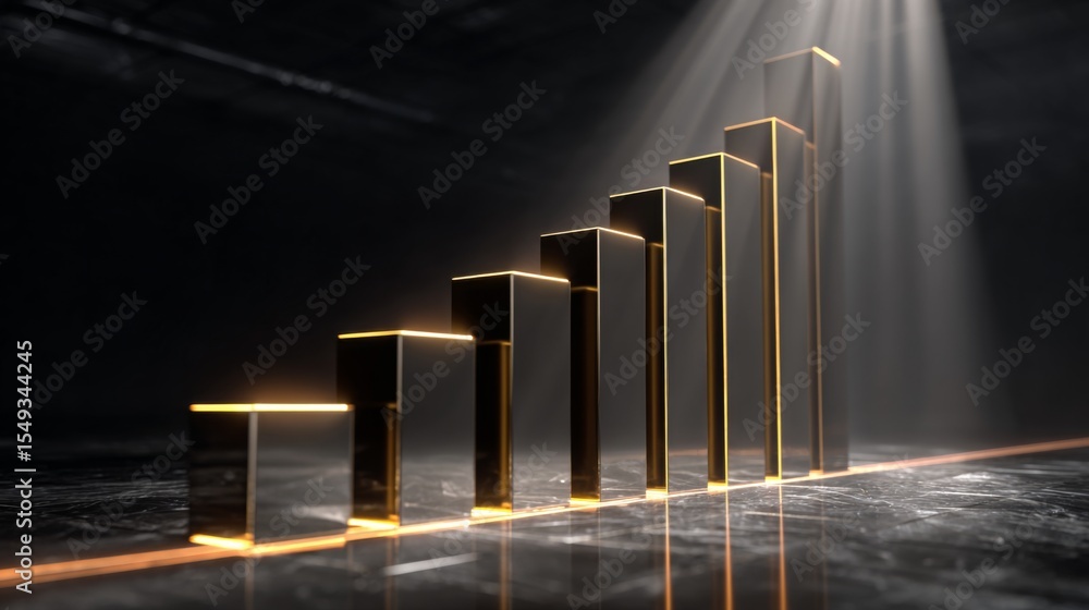 Aufkleber Perspective view of a D bar graph with bars gradually increasing in height, set against a dark background with subtle light effects