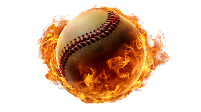 Fiery baseball ball in flames isolated on transparent background