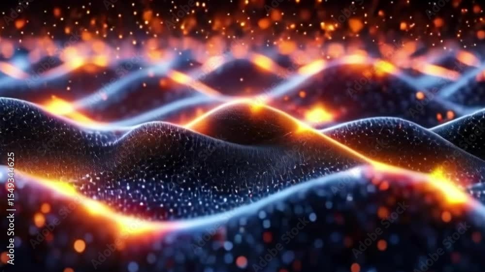 Poster abstract digital landscape with undulating forms illuminated by glowing orangeyellow points