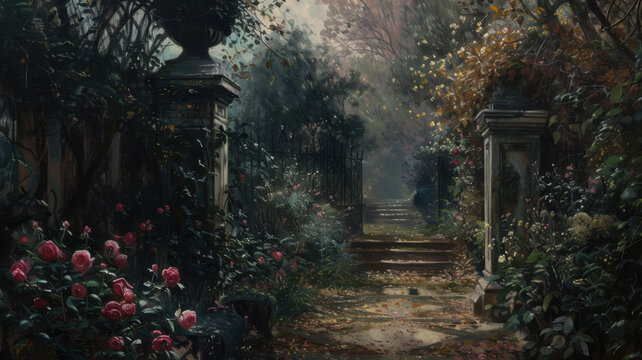 Path and steps leading to misty garden. Moody oil painting of a Victorian garden. Muted colors, decorative ornaments and lush plant growth in Victorian era garden.