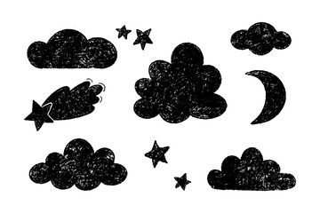 Set of cute black clouds, stars, crescent moon and falling star icons. Hand drawn childish vector, chalk, crayon or pencil texture. © quietmind_art